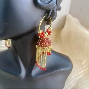 Pakistani Indian Festive jhumka Earrings Tassel Gold with Red beads
